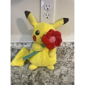 Pokemon Pikachu 2021 Holding a Red Flower 9” Plush Stuffed Animal